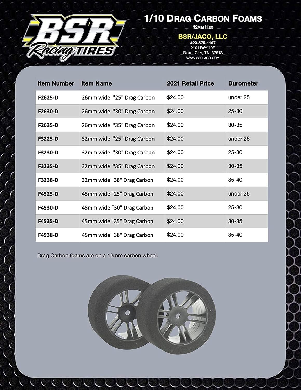 BSR Racing BSRF3232-D 1/10 Drag 32 Shore Foam Tires 32mm Black Rim (2)