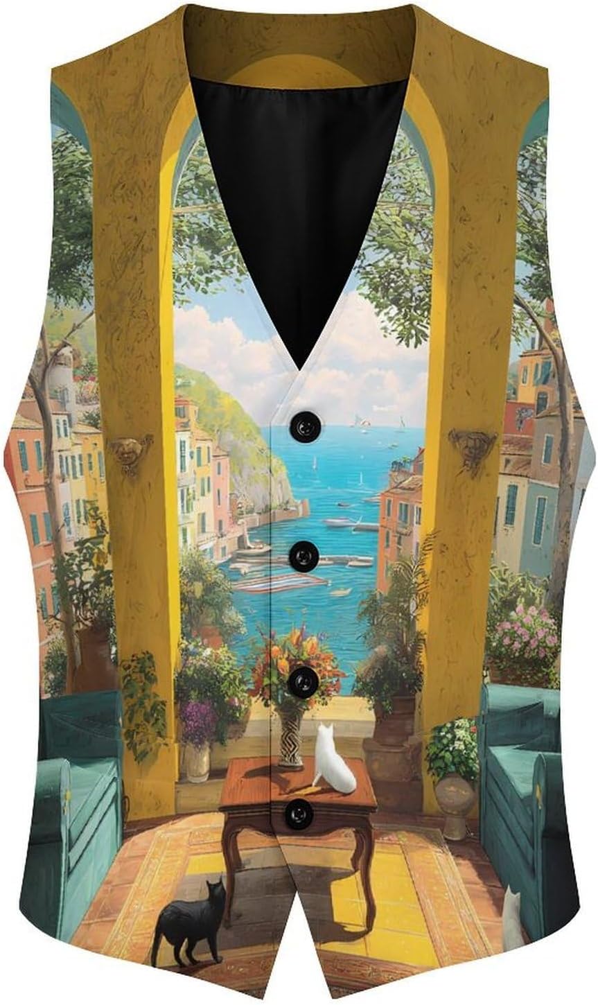 Amalfi Coast Beauty Men's Suit Vest Formal Vests Casual Dress Fit Waistcoat Casual Tuxedo for Business