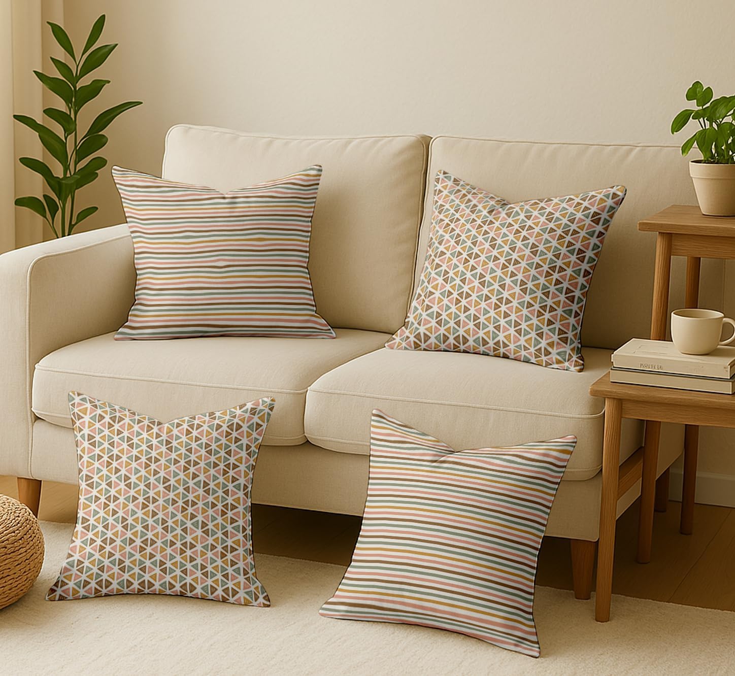 16x16, Cotton Cushion Covers Set of 4 Printed Throw Pillow Covers with Hidden Zip, Double Sided Design - Beige, Geometric Design