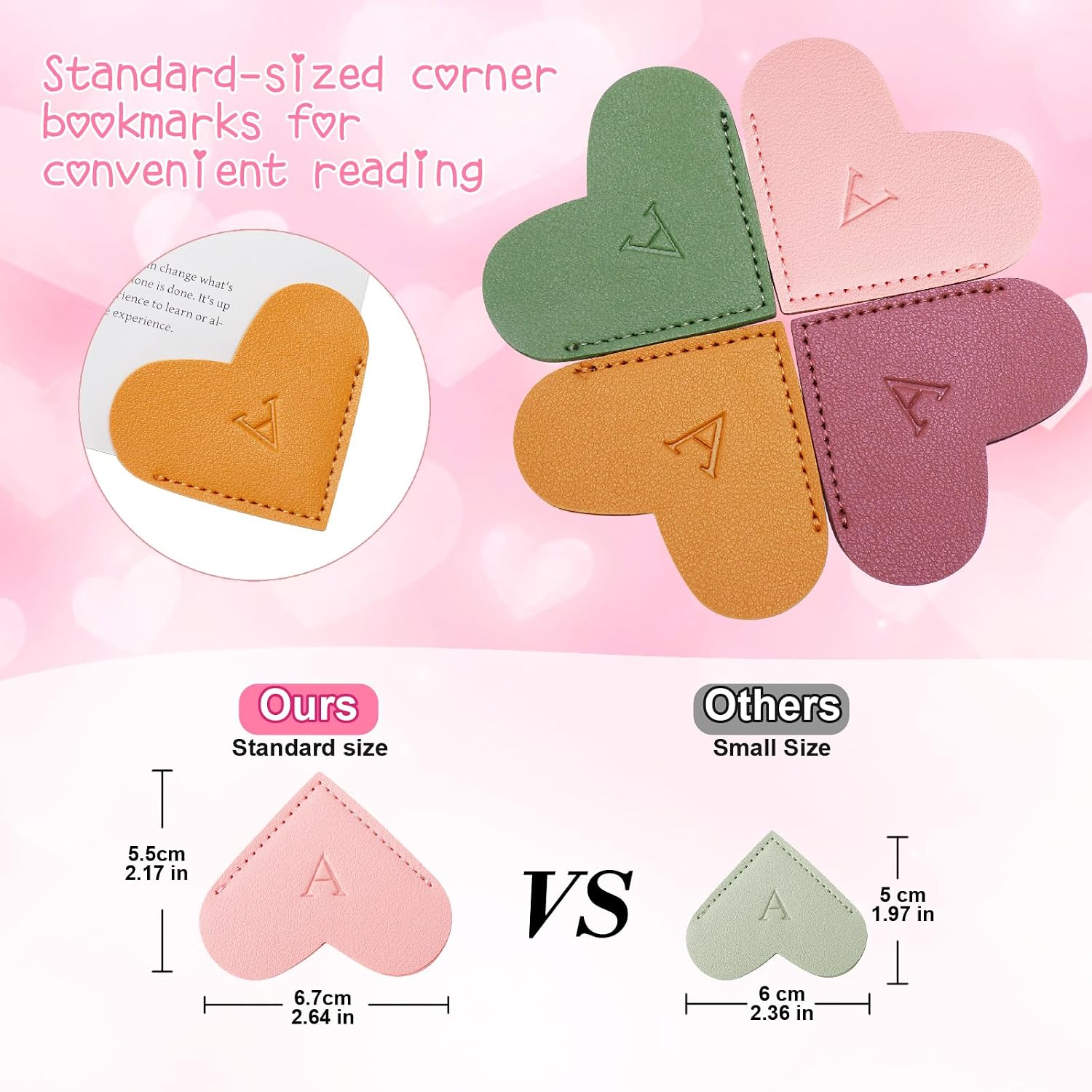 Personalized Initial Leather Heart Bookmark,Cute Corner Page Marker,Reading Accessories for Teachers Students Kids Book Lovers Women Gift,for School Office Home Supplies (A(4 Pcs)) thumbnail