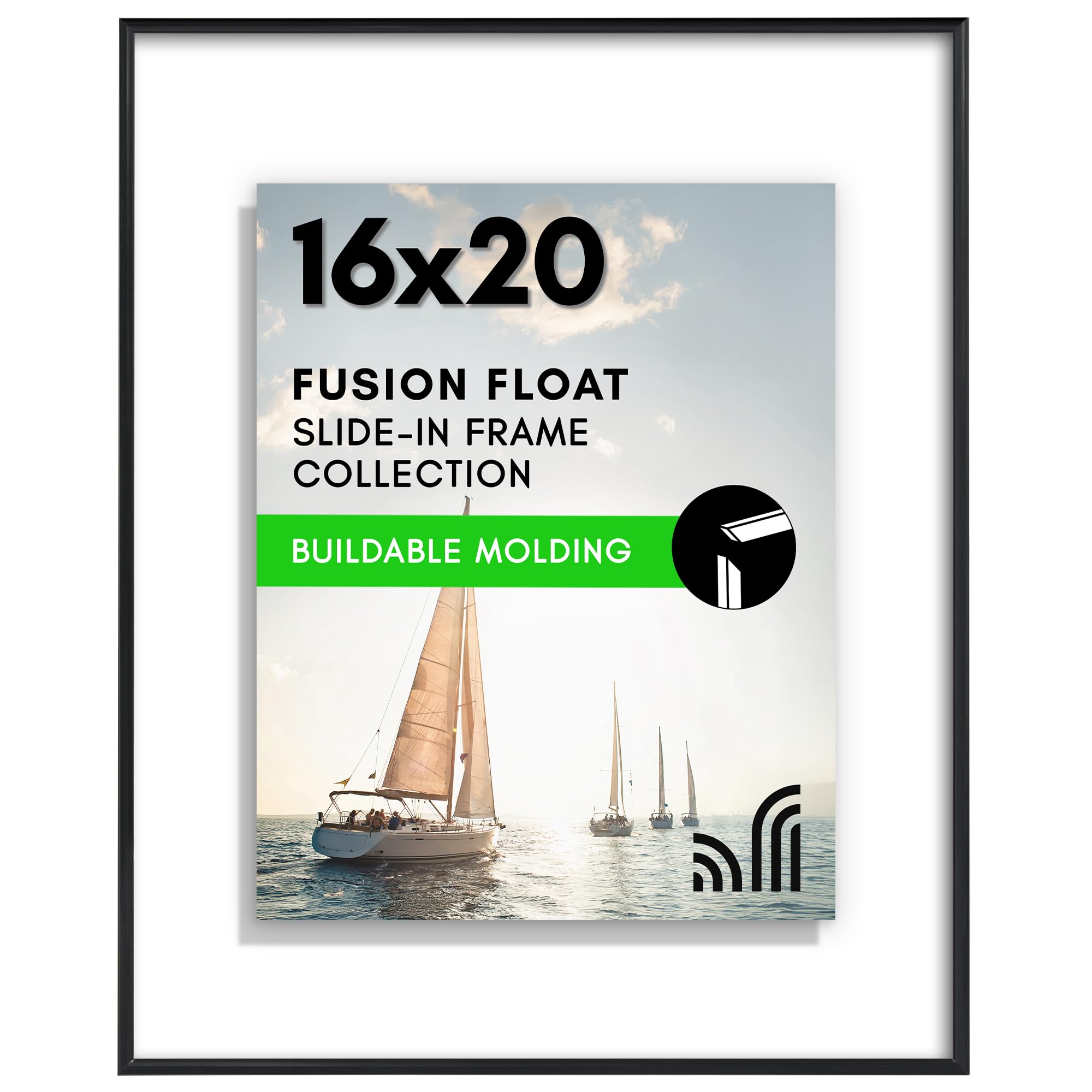 Americanflat 16x20 Floating Picture Frame with Shatter-Resistant Glass - Fits 11x14 Photos or Smaller- Slide-in Photo Frame - Fusion Float Collection - Floating Frame for Wall Display - Black