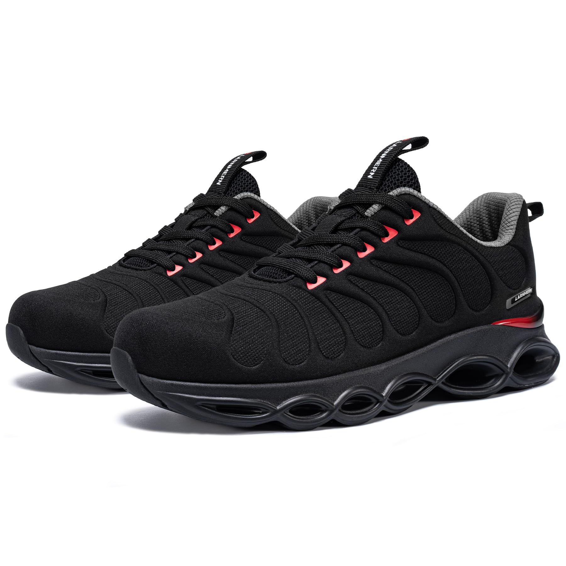 LARNMERN Buty sportowe ze stalowym noskiem, męskie buty ochronne, oddychające buty ochronne, wygodne buty robocze, lekkie, amortyzacja, moda, 3,5UK-44UK, Tryb czerwony czarny, 47 EU