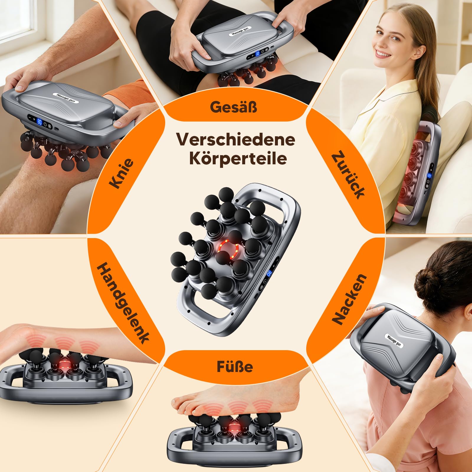 20-Kopf-Massagepistole, 2026 Upgrade-Massagegerät für tiefes Gewebe mit 3 Modi und 30 Stufen,33800 U/min,1800 mAh Akku, Nackenmassagegerät leise für Beine Arme Taille Rücken Gesäß Ganzkörper Massage