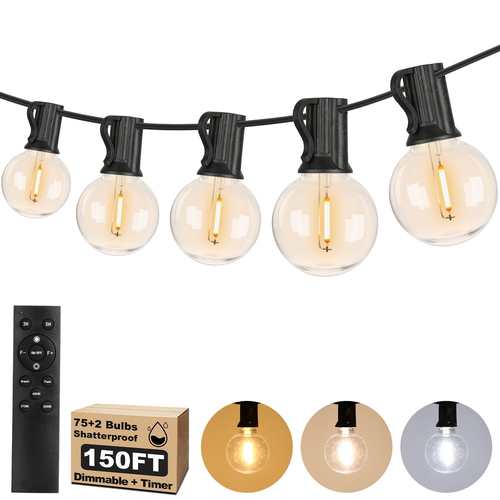 Photo 1 of 150FT LED Outdoor String Lights with 3 Color Lights, Dimmable String Lights for Outside with Remote, G40 Globe Waterproof Patio Lights with 75+2 Shatterproof Bulbs for Party Backyard BBQ House Camping