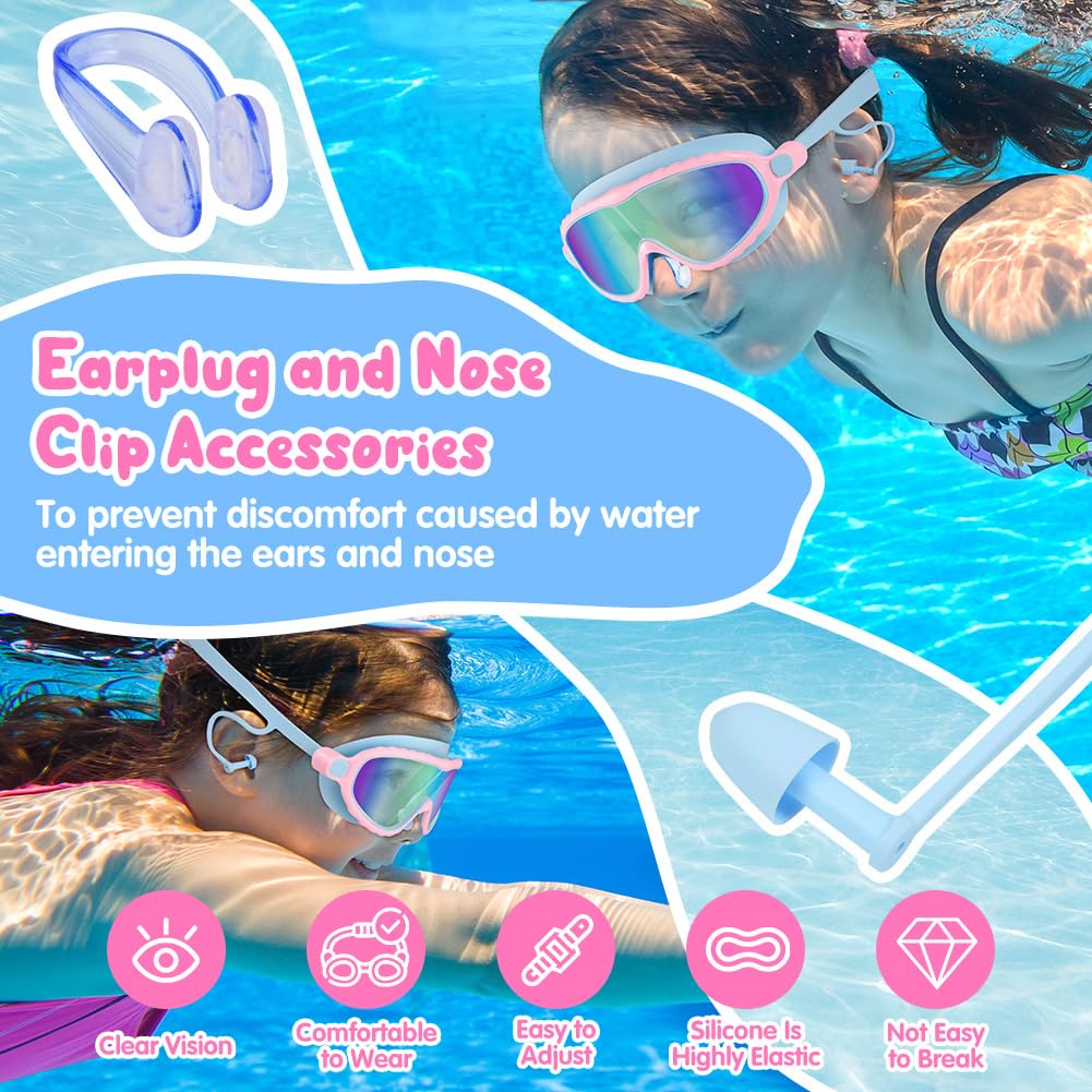 DiULi Gafas de Natación Niños, Unisex Gafas de Natación para Piscinas Cubiertas Infantiles, Doble Banda Elástica, Ajuste Cómodo, Antivaho, Visión Clara, con Estuche Tapones para Los Oídos y Clip Nasal