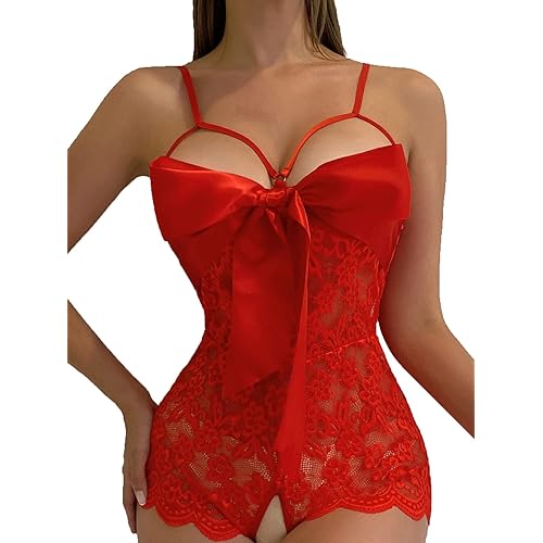 Romwe Women's Self Knot Front Teddy Lingerie One Piece Floral Lace Bodysuit Babydoll Red XXL