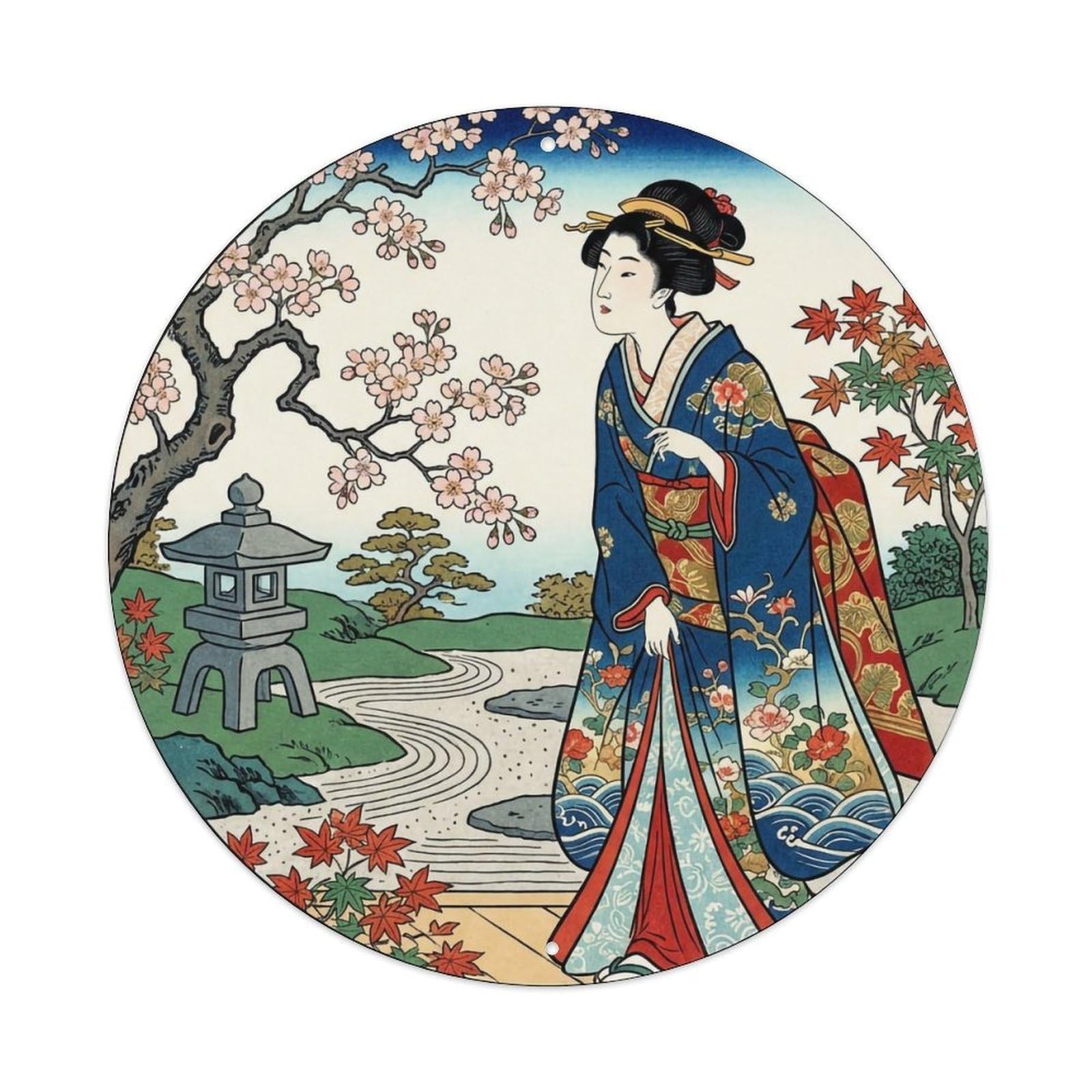 Japanese Geisha Side Watching Flowers View Metal Tin Sign