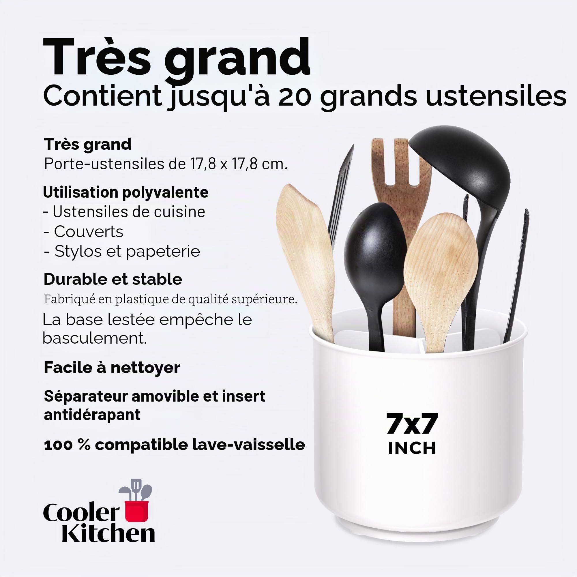 Porte-ustensiles rotatif blanc extra large et robuste avec base lestée sans basculement, séparateur amovible et insert agrippé | Antirouille et passe au lave-vaisselle Support d'ustensiles de cuisine