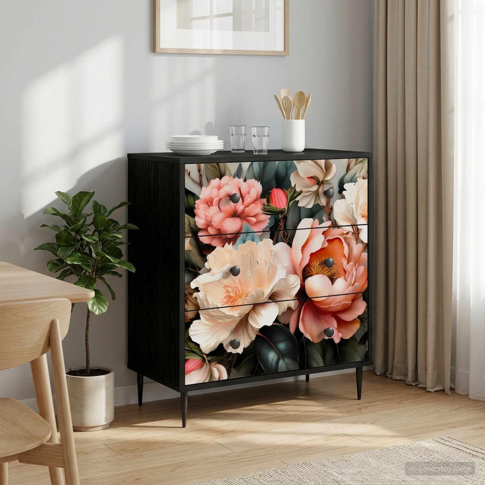 Cassettiera con motivo peonia, 66 x 36,5 x 76 cm, in legno di ingegneria, 3
