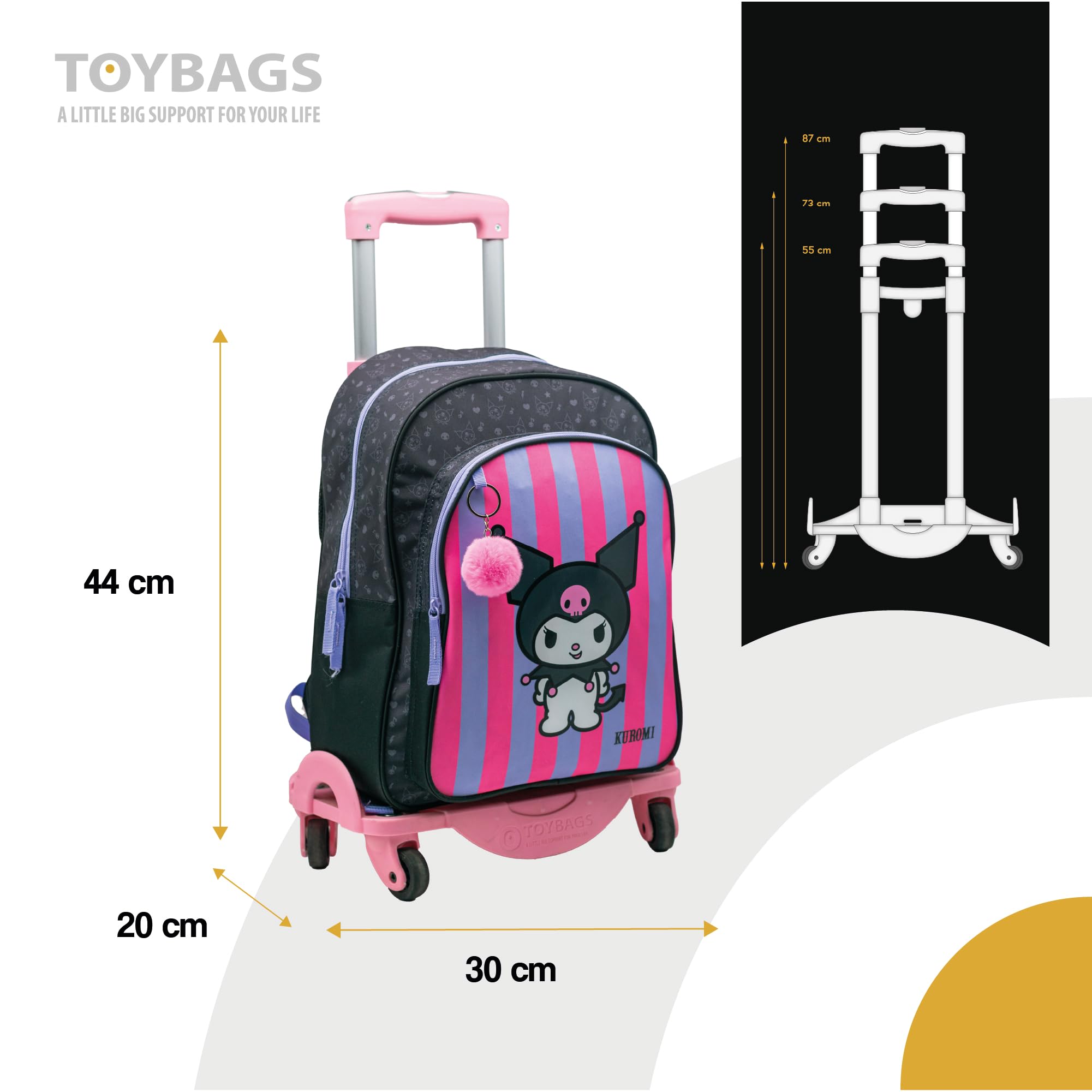 ToyBags Mochila Escolar Kuromi - Doble Compartimento - con Accesorio Pom-Pom - Adaptable + Carro Rosa Proteccion Lateral Y STOPER Frontal Anti CAIDA 4 Ruedas giratorias - 44 X 30 X 20 CM