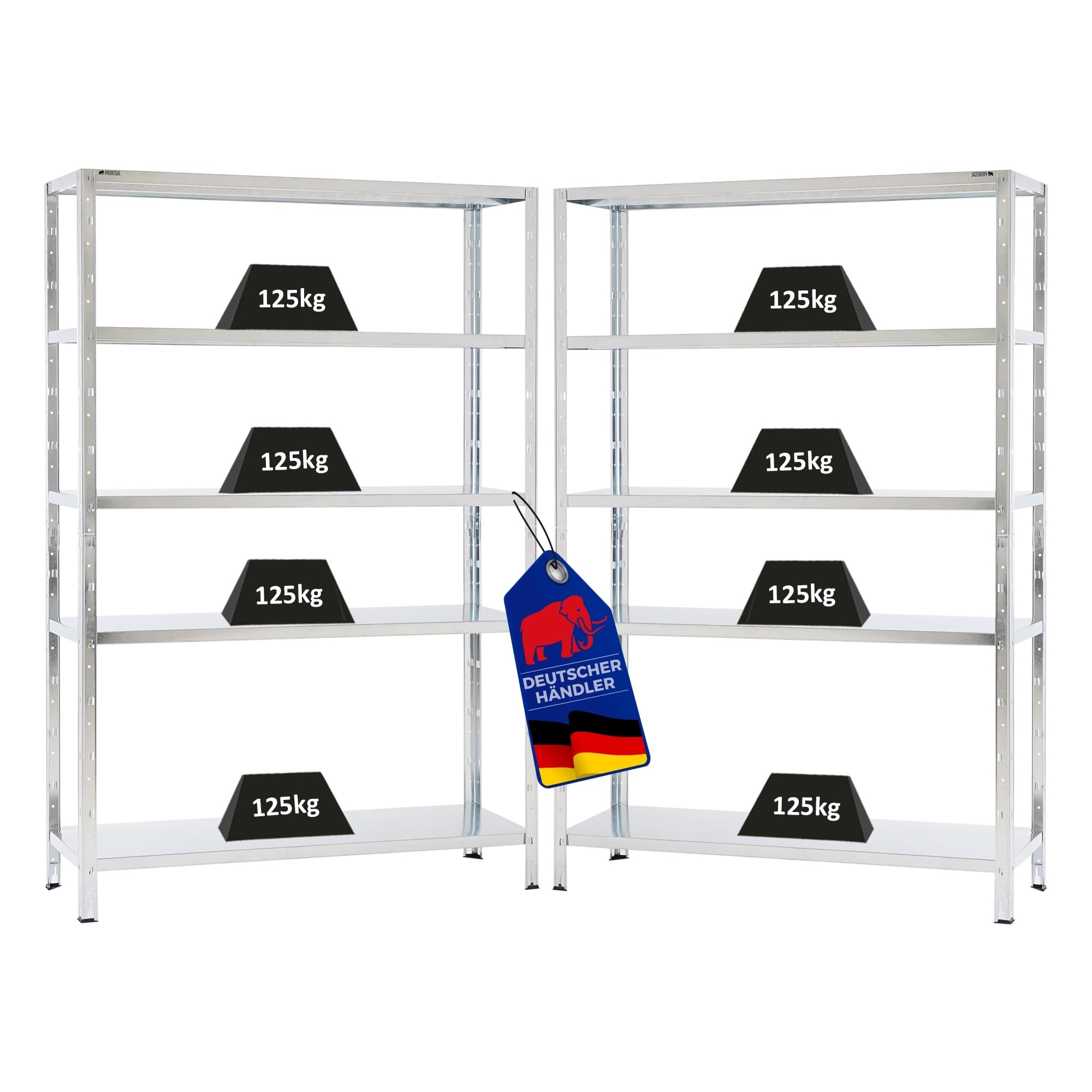 PROREGAL Mega Deal 2X Schwerlastregal Ares mit Metallböden HxBxT 180x120x40cm 5 Ebenen Fachlast 125 kg Verzinkt, Metall, Metallregal, Küchenregal, Kellerregal, Steckregal, Garagenregal, Lagerregal