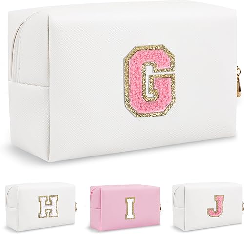 Bolsa de maquillaje preppy inicial personalizada Pequeña bolsa de carta de chenilla de viaje linda, blanco-1