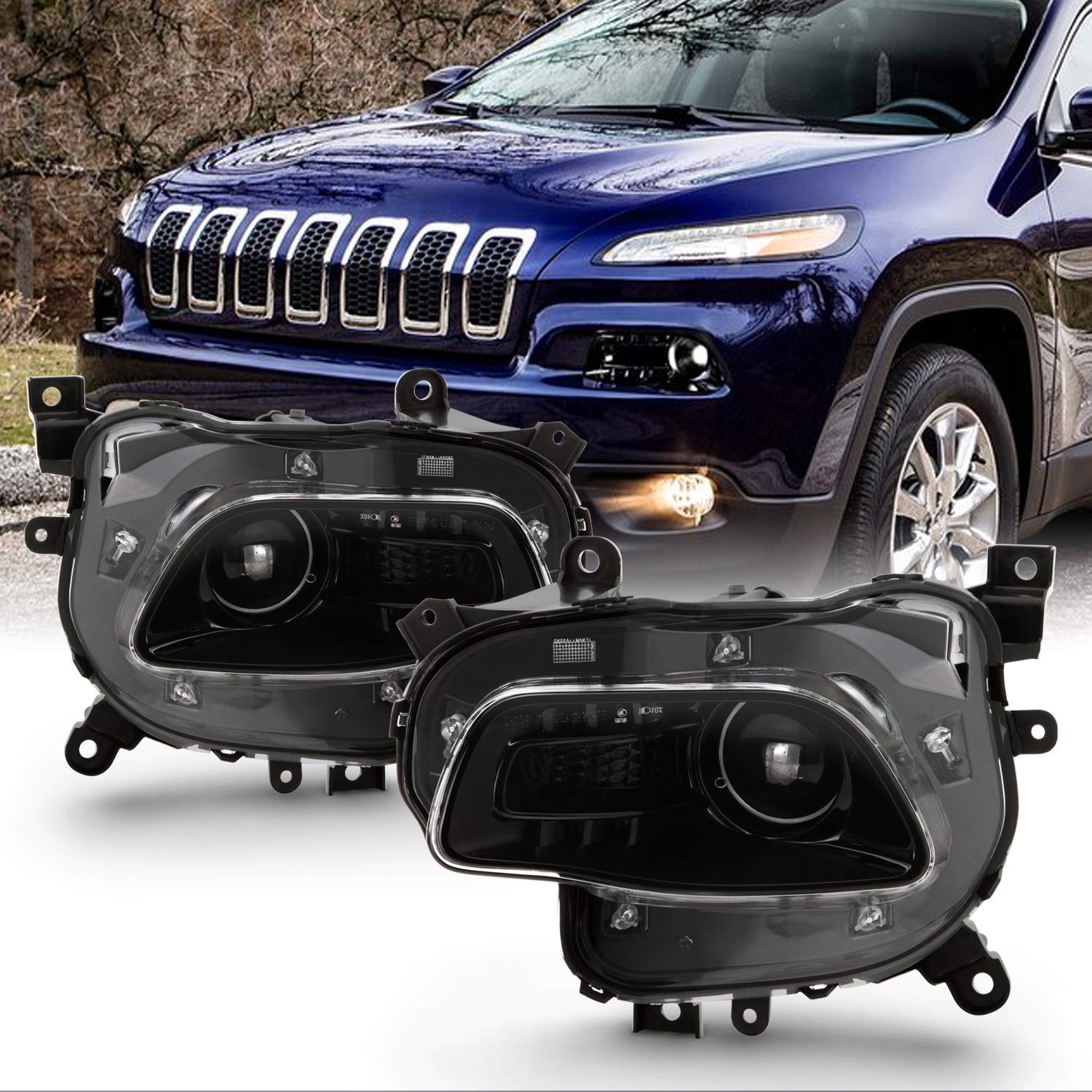 Pair Of Black Housing Halogen Headlights For 2014-2018 Jeep Cherokee - Left & Right, DOT/SAE Certified
