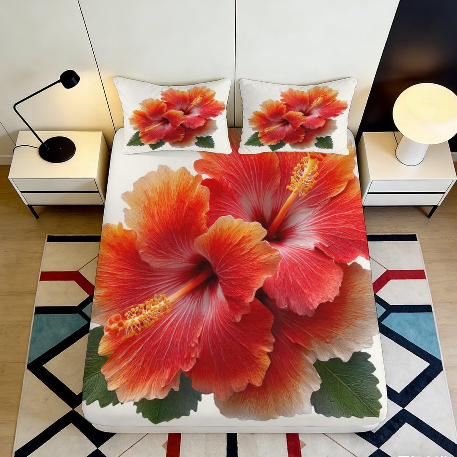 Pnayamiorkfel Style-1 3D Printed Red Hibiscus Fitted Sheet Microfiber Floral Bed Cover Non Slip Machine Washable Bedroom Decor 90X200x25cm