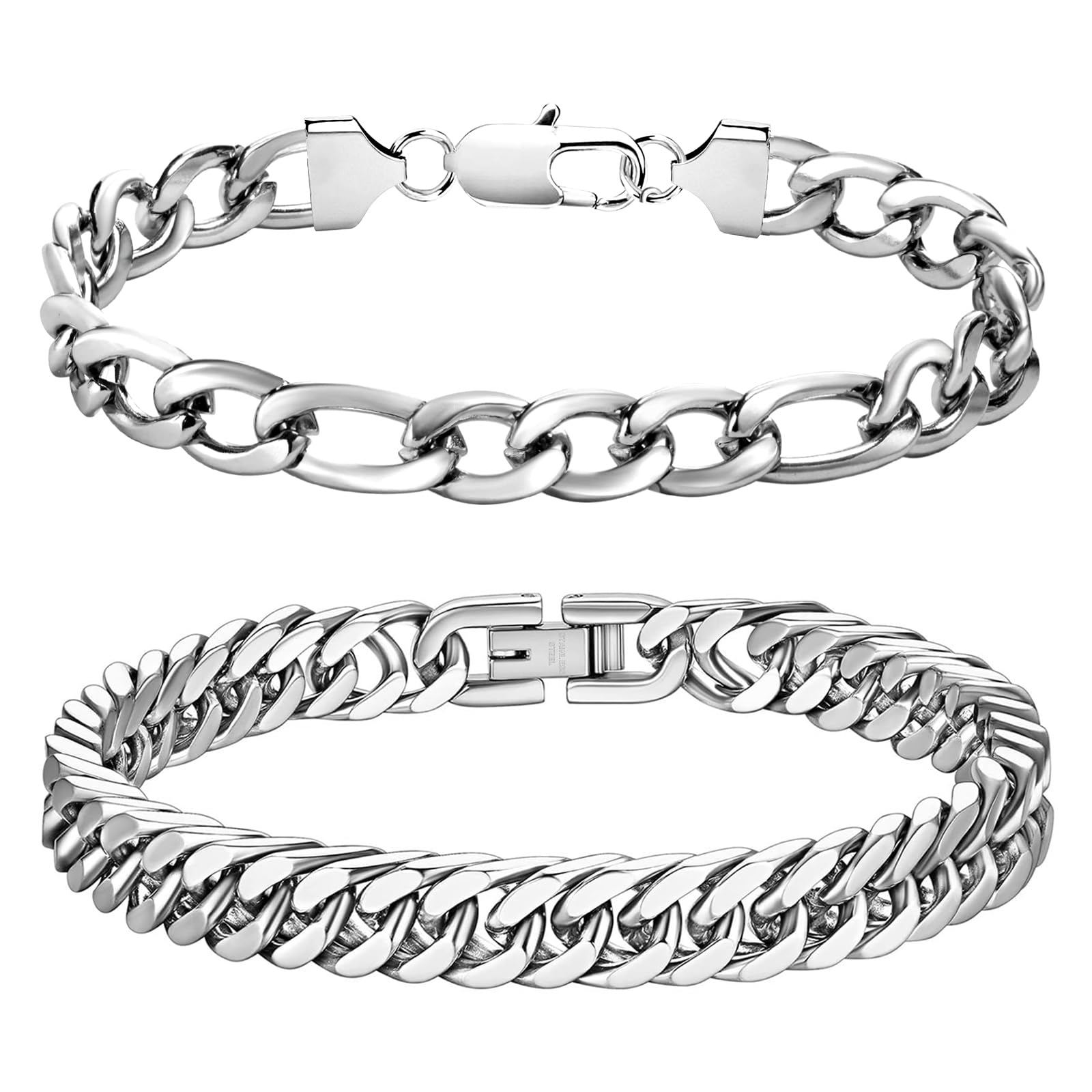 LOCCY Men's Bracelet, Set of 2 Stainless Steel Silver Bracelets, Curb Chain, Figaro Chain Bracelet, Cuban Chain Bracelet for Men and Boys - 6/8 mm Width, 19/21/23 cm Length