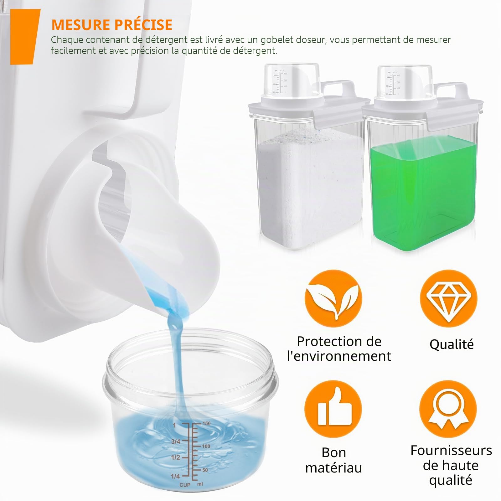 2 Pièces Distributeur de Détergent Hermétique 2000 ml Avec Gobelet Doseur - Boîte de Rangement Multi-Usages Pour Lessive en Poudre