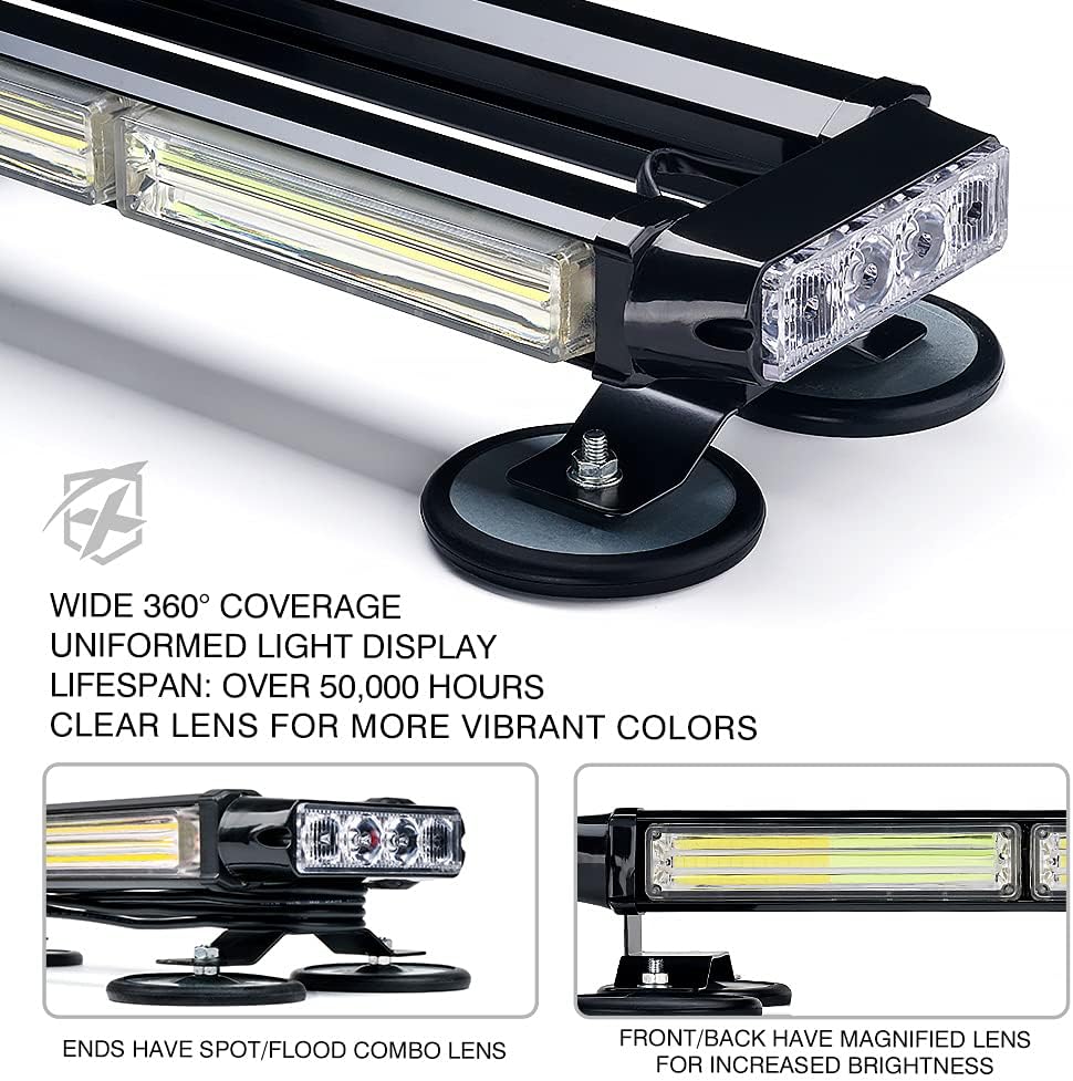 Xprite White Green COB LED Strobe Rooftop Flashing Light Bar, Double Side Hazard Warning Caution Beacon Lights Magnetic Mount for Emergency Vehicles Construction Cars Trucks Traffic Security