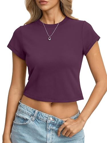 EasyGala Womens Cotton T Shirts Short Sleeve Crop Tops Slim Fit Baby Tees | 92% Cotton, Stretch Jersey, Fitted, Crop Length, Crewneck, Going Out Outfits, Y2k, Cute, Trendy Fashion, Daily Casual - Small - Deep Purple