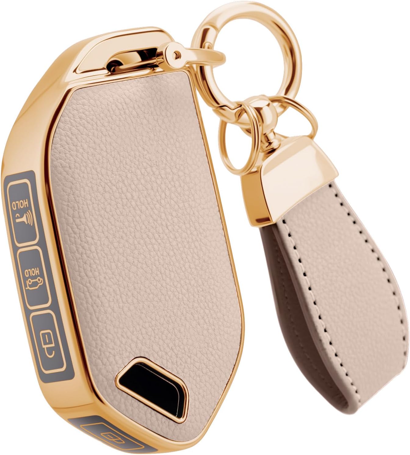 Soft Upper Leather TPU Key Fob Cover Case for Kia Telluride Carnival Sorento K4 K5 GT-Line 2023 2024 2025 with Keychain (Gold-edged light pink, 5 Buttons)