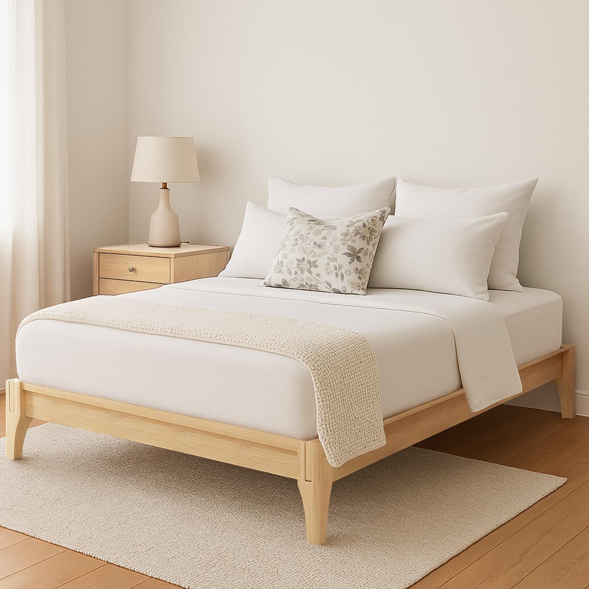 Merax Mid-Century Bamboo Platform Bed, Queen Size Bed Frame with Wood Slat Support, No Box Spring Needed, Easy Tool-Free Assembly, Natural