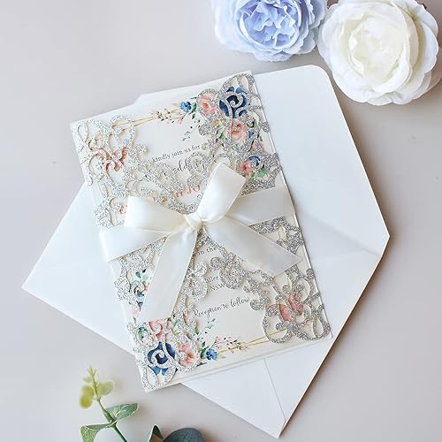 Miniatura 6 de 50 kits de invitación de boda con purpurina plateada de 5.12 x 7.28 pulgadas, cortadas con láser, tarjetas de invitaciones de bolsillo floral hueco