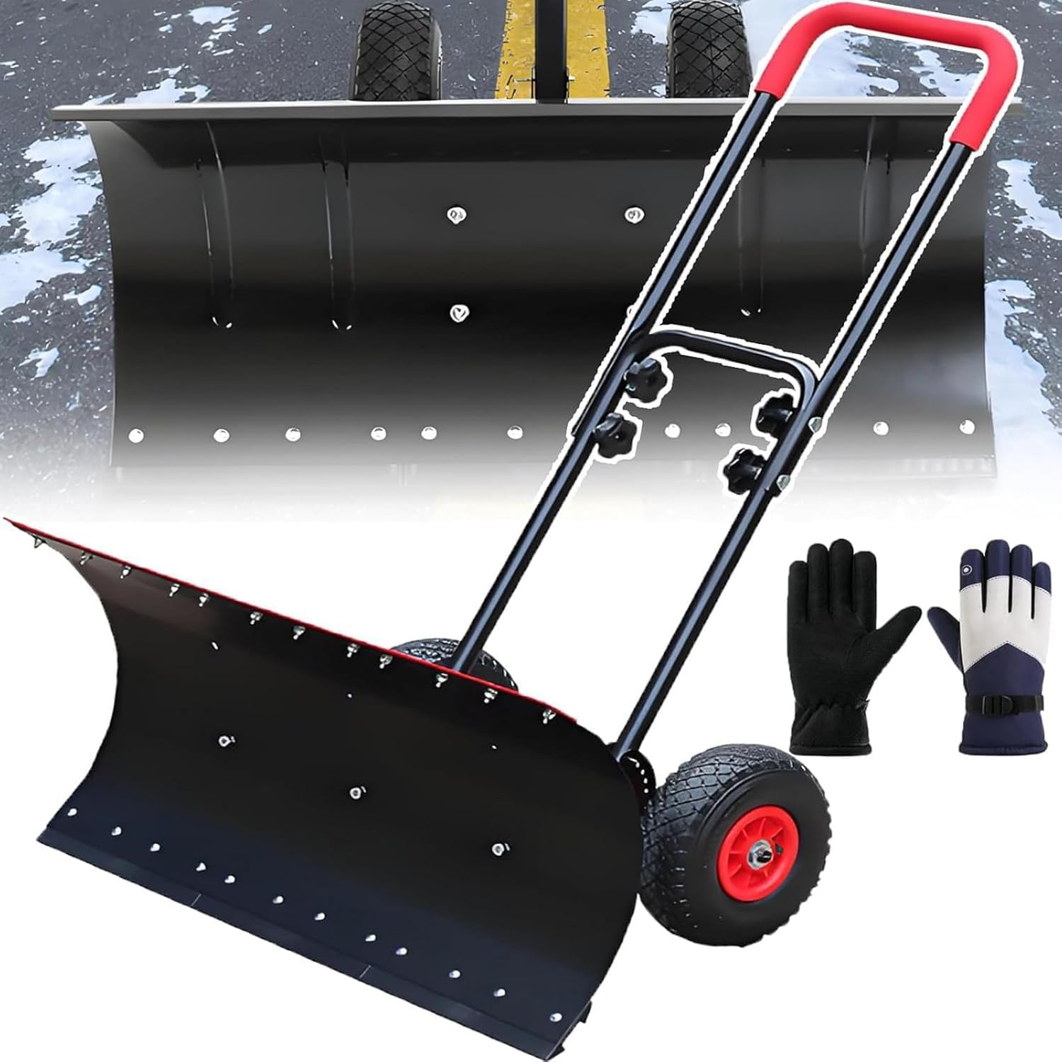 ELEFOCUS Snow Pusher with ice Shovel Teeth, Large Capacity Snow Shovel, Snow plow with Wheels and Handle, Adjustable Angle and Height
