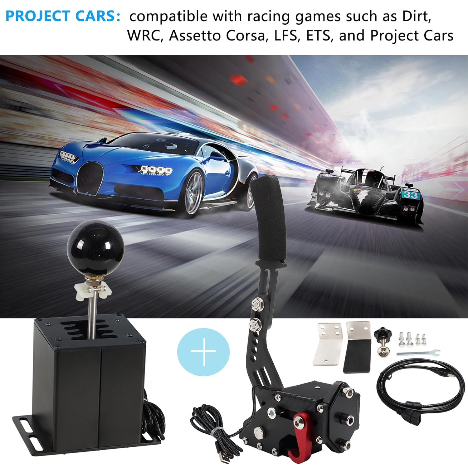 PC USB Simulator Shifter 64 Bit Handbrake with Clamp Compatible with G29 G27 G25 G920 T300RS/GT Steering Wheel Sequential H Gear Shifter Compatible with ATS ETS Dust WRC Sim Racing Games 7+R Black