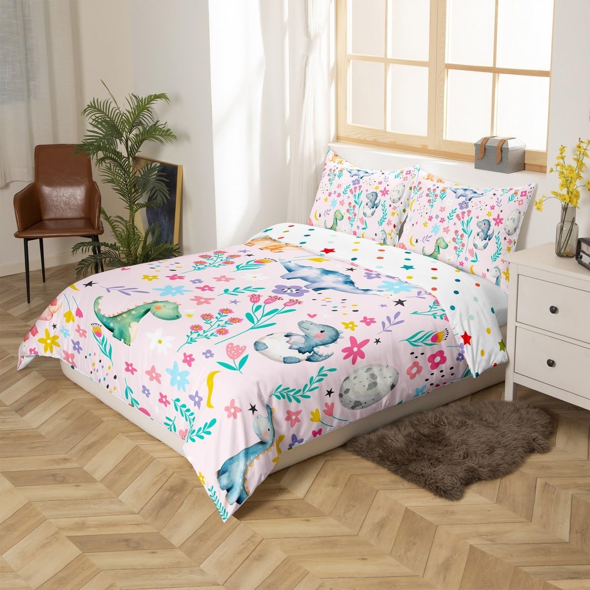 Erosebridal Floral Dinosaur Duvet Cover Toddler for Kids Baby Colorful Ancient Animal Comforter Cover Spring Botanical Cartoon Floral Flower Bedding Set Dreamy Fantasy Girly Preppy Cute Bed Set