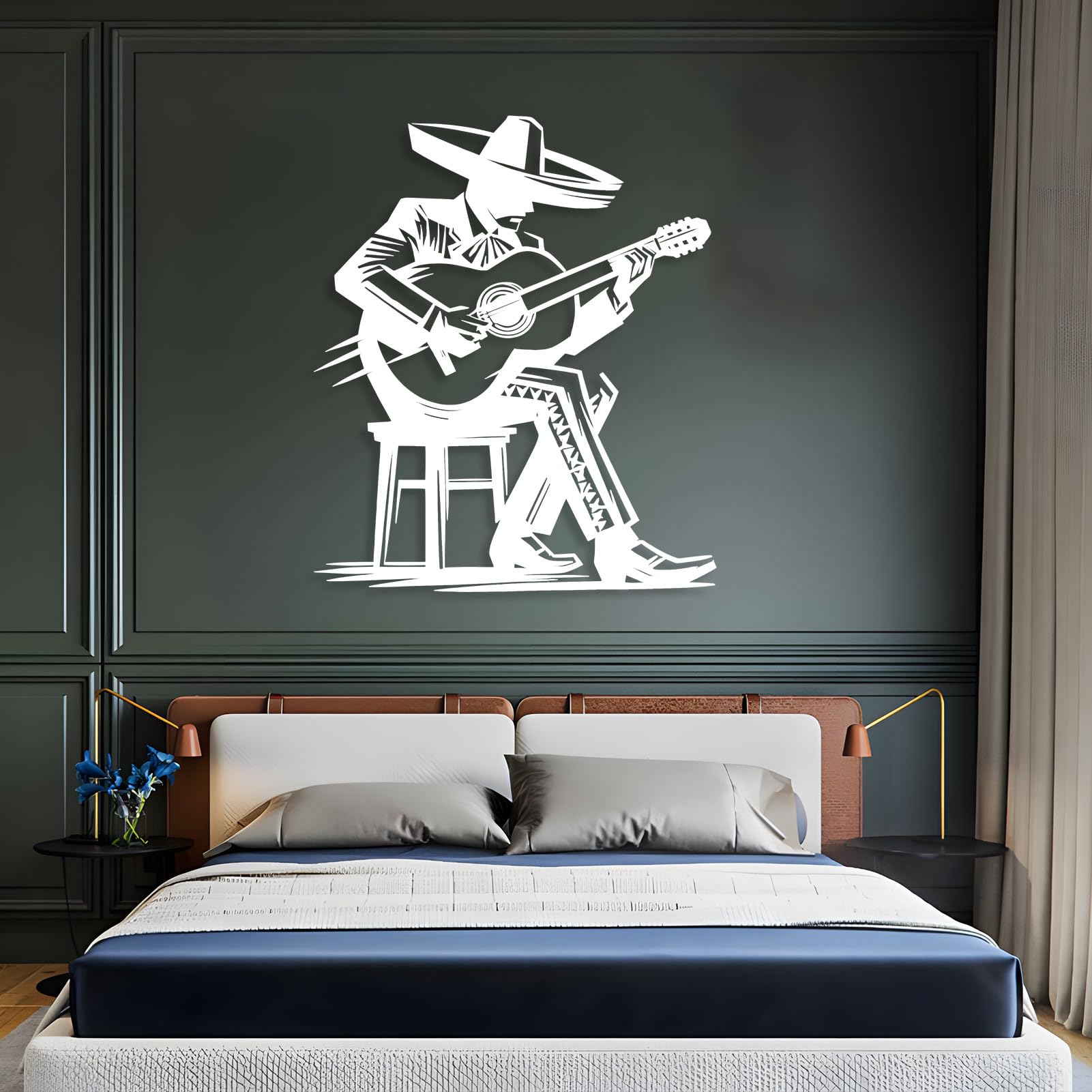 Generisch Metall-Wandkunst mexikanischer Gitarrist Musiker-Wanddeko Gitarrenmusiker-Silhouette mexikanische Deko Musik-Wohndeko Wohnzimmer-Wanddeko modern (Silber 31"x27" | 80x68cm)