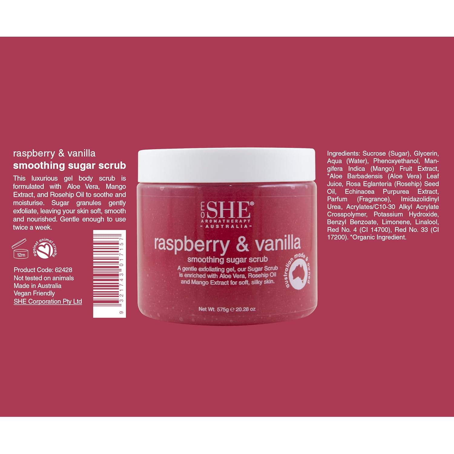 Om She Aromatherapy Raspberry & Vanilla Sugar Scrub 20.28oz - Exfoliating Body Scrub, Natural Sugar, Micro Bead Free, Rosehip Oil. Australian made. - Image 2