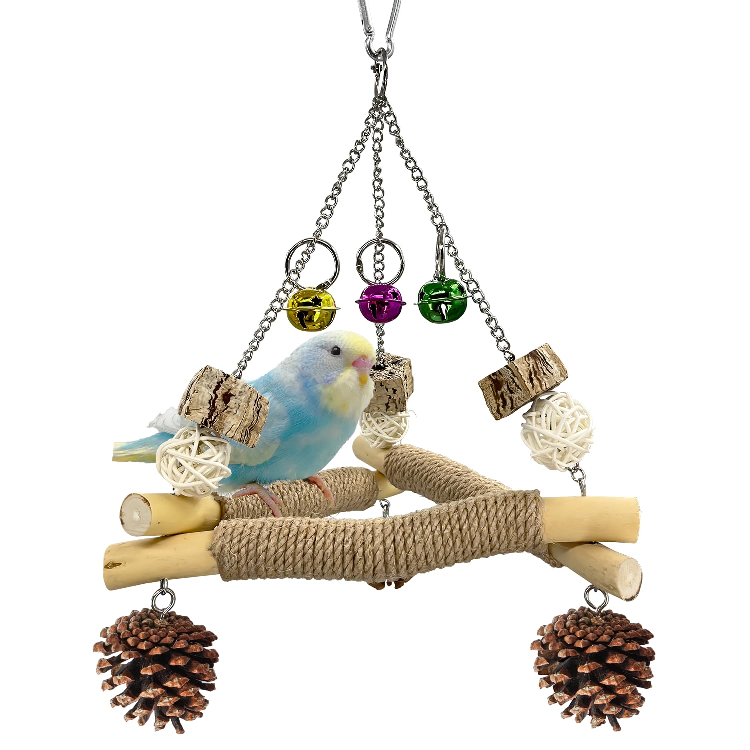 New with Bell! Wooden Bird Swing for Cage, 3-in-1 Hanging Parrot Toy with Chew Toys, 3 Sisal Perches & Stable Triangle Design for Parakeets, Cockatiel, Conures, Lovebirds, Quaker Parrots