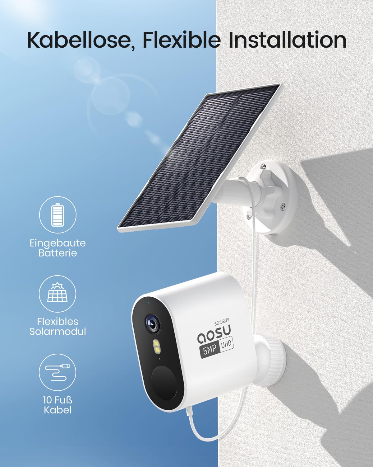 aosu 3K Überwachungskamera Aussen Solar Akku Kit, 32G Lokal, 365 Tage, PIR | Ohne Abo Nötig, 166° Weitwinkel (mehr sehen), Farb-Nachtsicht, PIR, Scheinwerfer, 2-Wege, IP66, für Haus & Garten