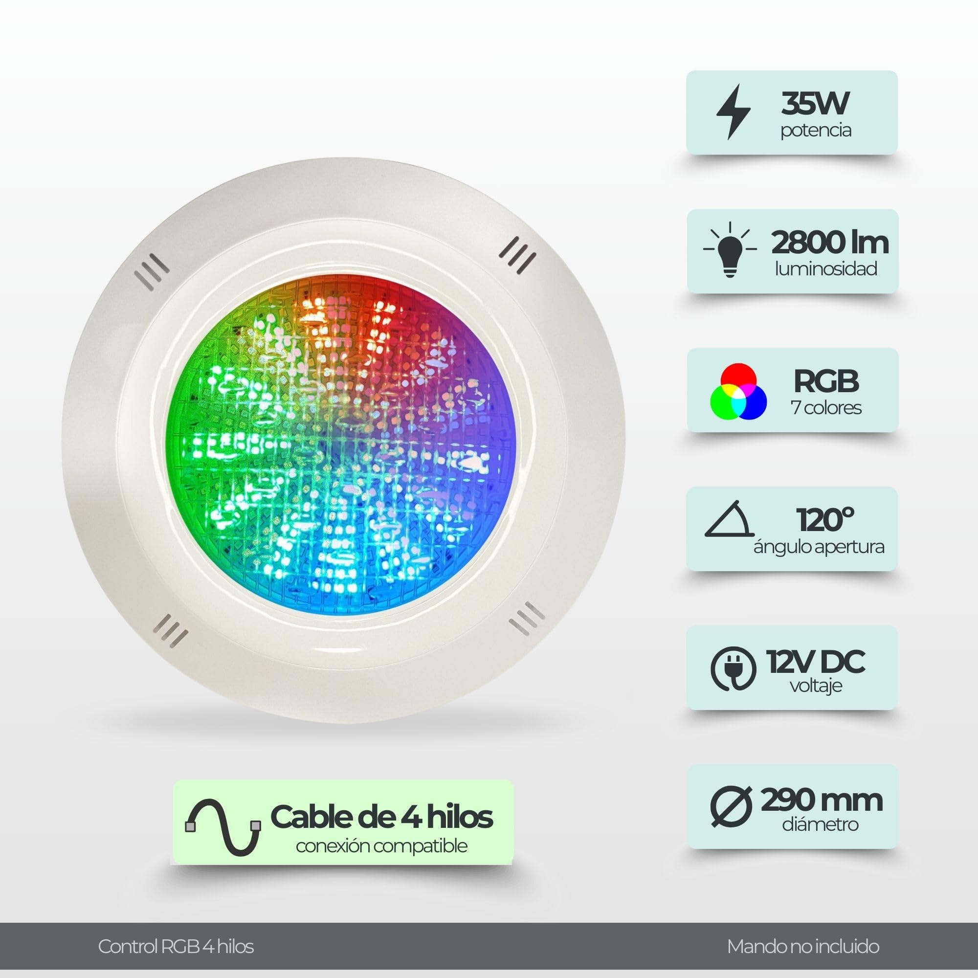 SWIMHOME Faretto LED per piscina RGB superficie 35 W (12 V DC | 4 fili) - Sincronizzabile | Richiede cavo a 4 fili e controller (non incluso) | Compatibile WiFi/Remoto | Impermeabile rinforzato
