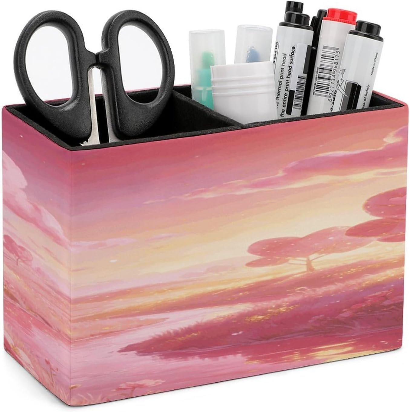 Pink World PU Leather Square Pens Pencils Holder,Multifunctional Remote Control Eyeglass Holder Pencil Case Office Accessories Container Box for Desk Double Compartments