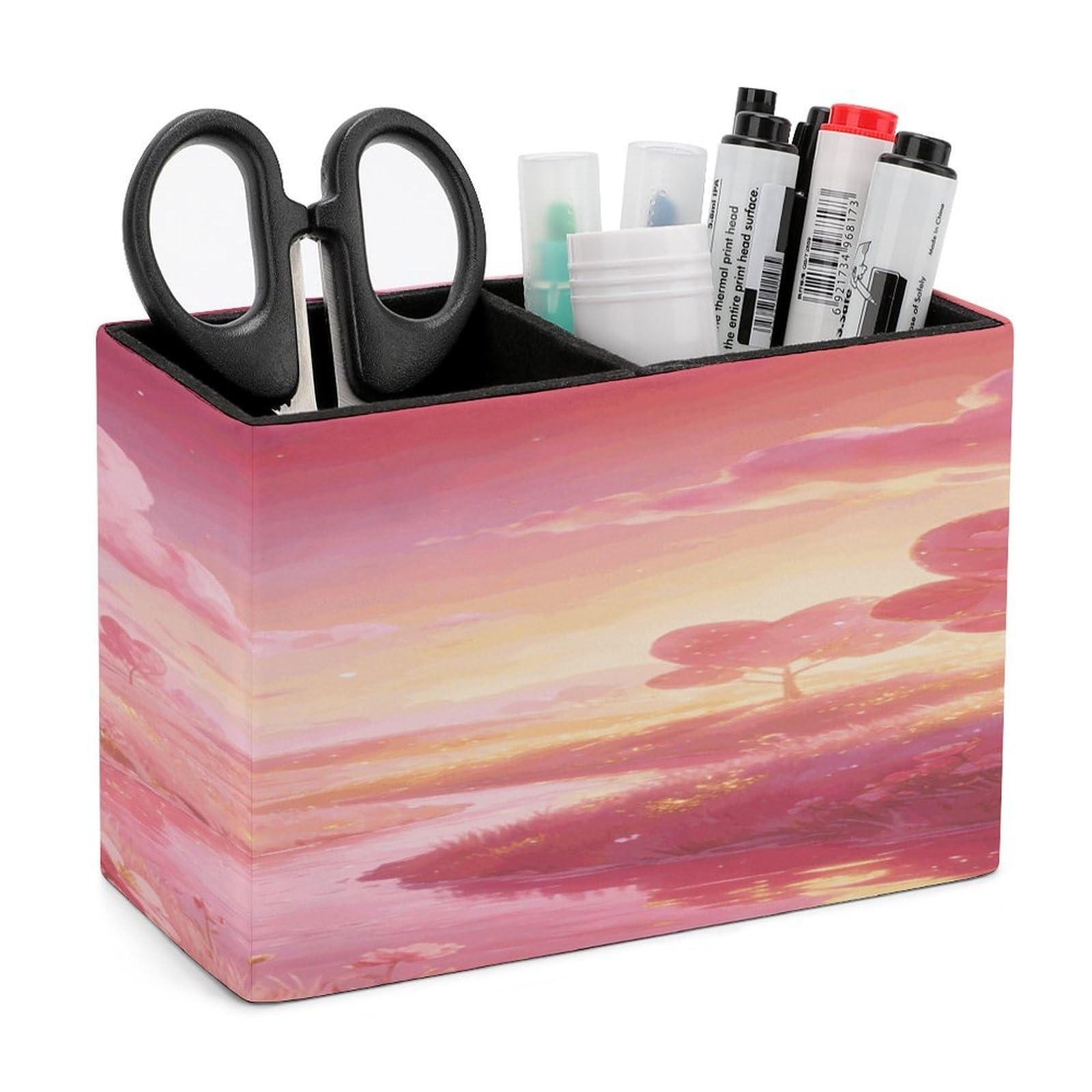 LZQPOEAS Pink World Pen Holder Double Compartments Pen Cup Makeup Brush Holders Leather Pencil Holder Locker Organizer for Work Locker Accessories Modern Pencil Cup for Desk