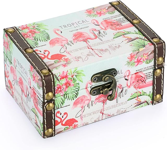 SUMNACON Wooden PU Leather Treasure Box Storage Jewelry Box, Decorative Small Keepsakes Box Trinket Box Rectangle Treasure Organizer for Collection, Gift, Home Decoration, 13x9x7cm (Flamingo)