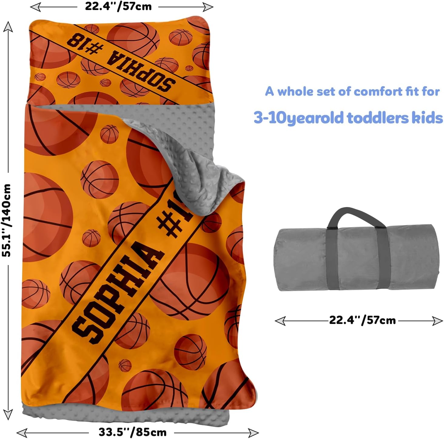Personalized Toddler Nap Mat for Daycare - Kids Boys Sleep Mats with Removable Pillow & Blanket, Custom Name Preschool Kindergarten Cot Bedding Sleeping Bag Brown Basketball