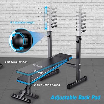 Adjustable Weight Bench with Barbell Rack, Weight Lifting Bench Press for Home Gym, Strength Training Workout Bench, 48.8D x 25.9W x 45.4H