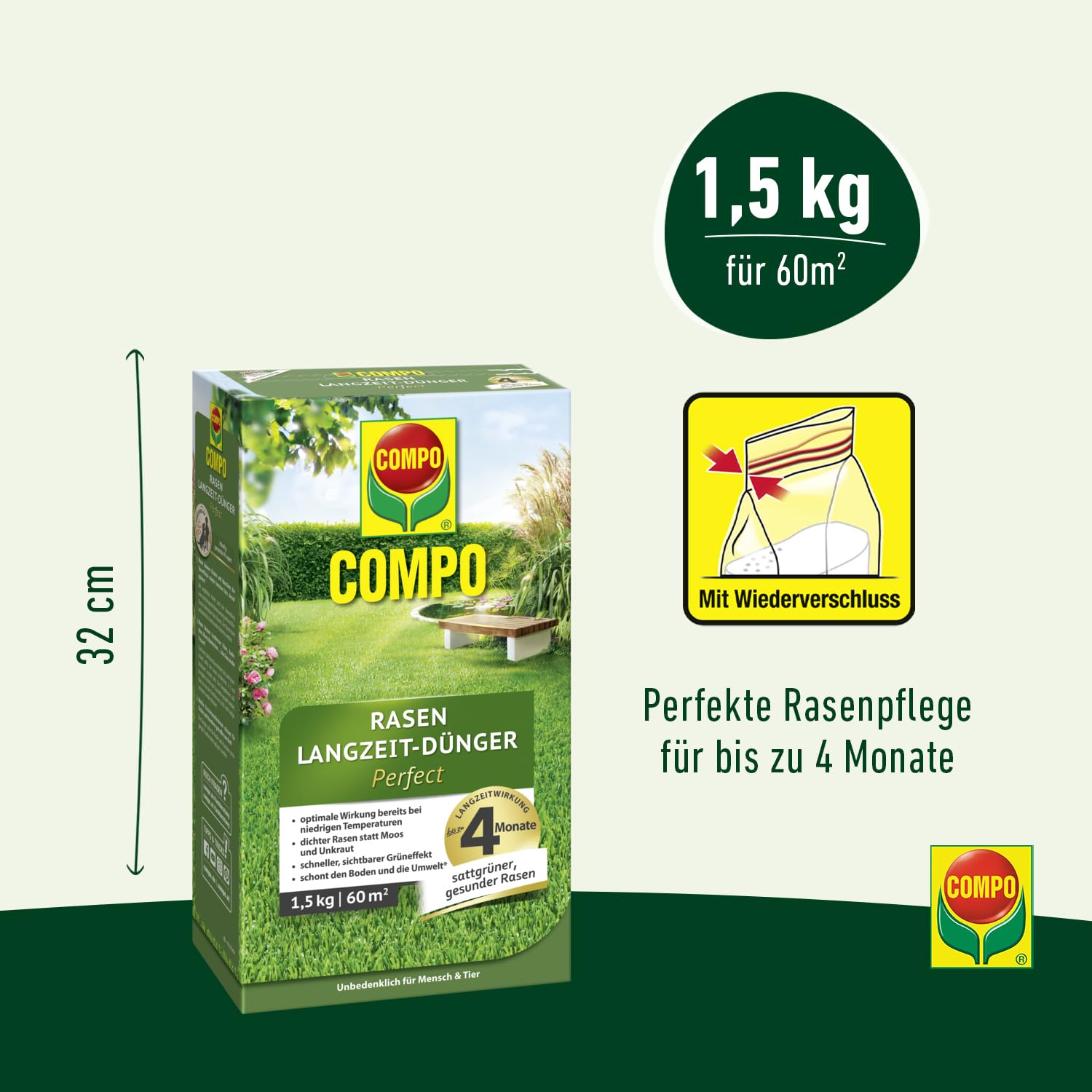 COMPO Rasendnger mit Langzeitwirkung - Keine Chance fr Moos und Unkraut   1,5 kg fr 60 m - COMPO Rasen Langzeit-Dnger Perfect : Amazon.de: Garten