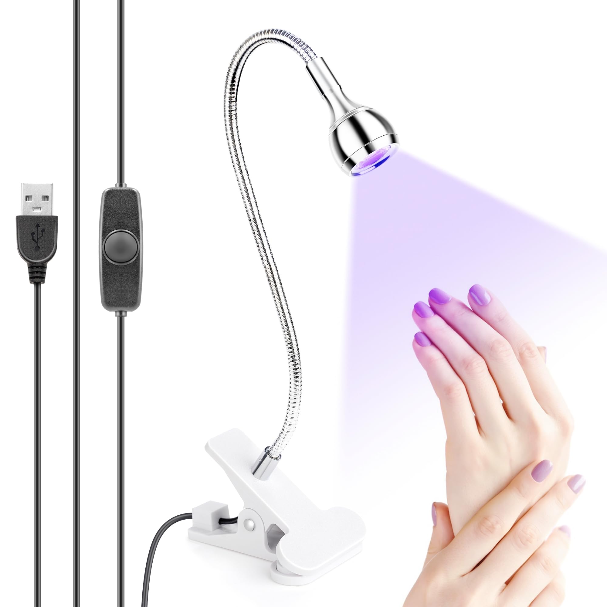 5W da Lampada LED UV per Gel Unghie, Luce LED per Unghie con Collo di Cigno Flessibile e Clip con Fusibile, Piccola Macchina per Asciugare le Unghie e Indurire il Gel con Lampada UV Rotante, Argento.