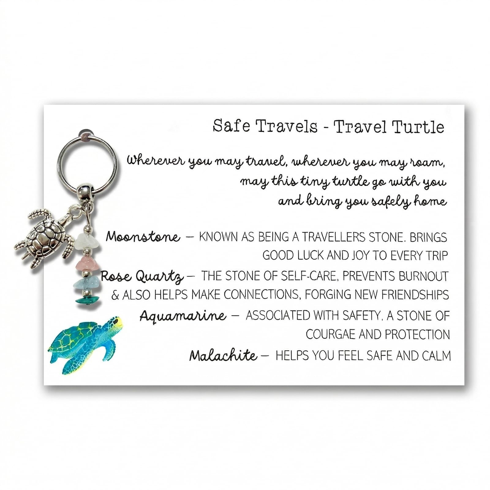 Aikobaa Unisex Colourful Travel Turtle Charm Keychain, Healing Crystal Gift Set With Moonstone Rose Quartz Aquamarine Malachite, Safety Keychain For Women, Turtle Gifts For Women Travel Gifts
