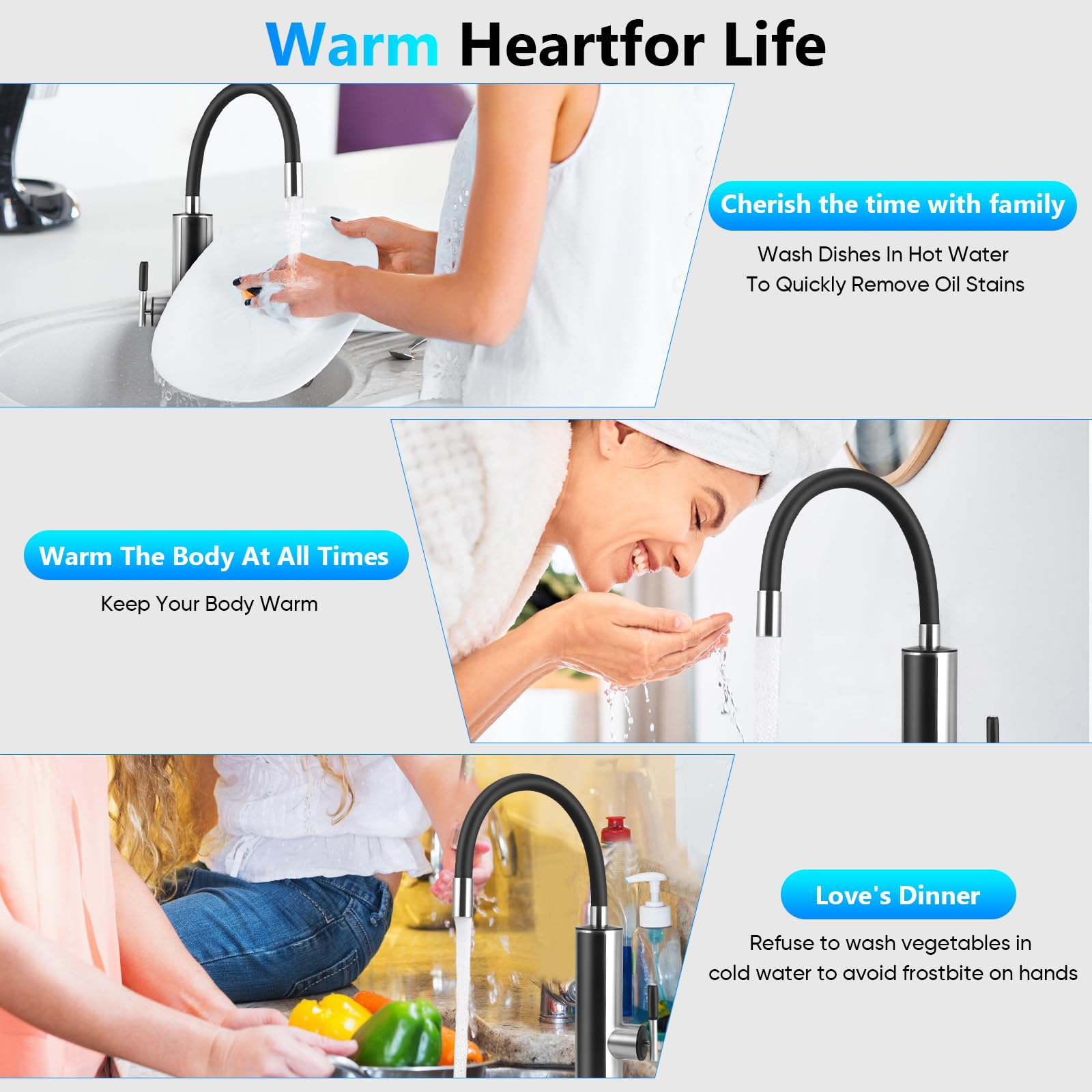 Robinet Chauffant, 3000W Chauffe-eau Instantané Electrique, Inoxydable Robinet Électriques de Cuisine avec Affichage de la Température LED et Tuyau en Silicone Rotatif à 360°, Max. 60℃