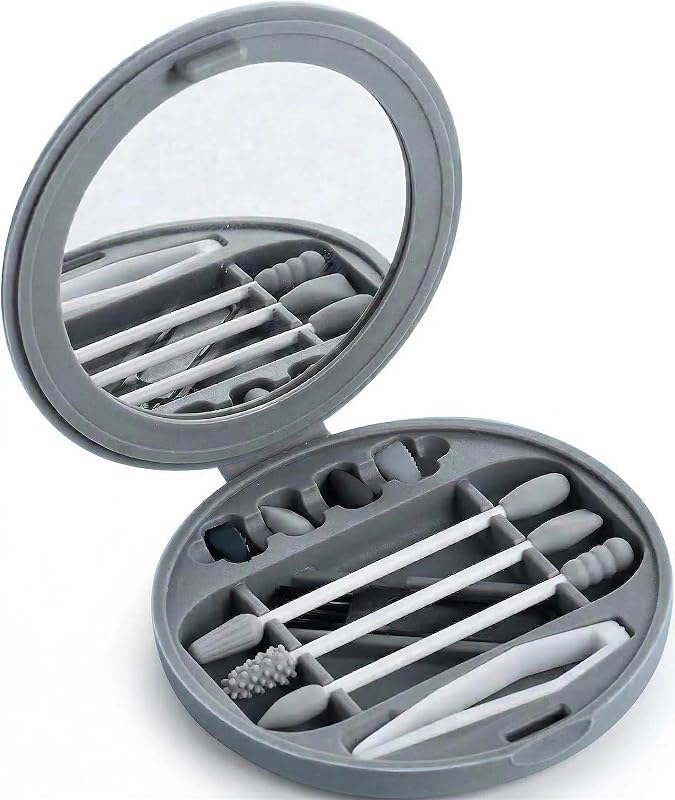 Elfzone Hastes de Algodão Reutilizáveis de Silicone com Estojo Compacto e Espelho, 4 unidades