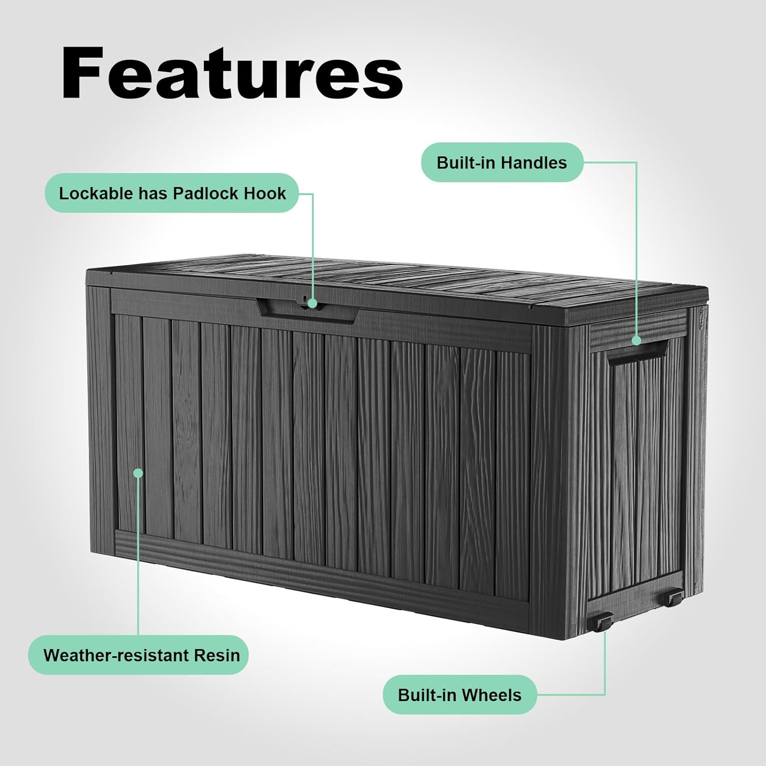 75 Gallon Outdoor Deck Box,Waterproof Resin Outdoor Storage Boxes, Outside Storage Lockable Container for Garden Tools,Indooor Cushions,Accessories (Black)