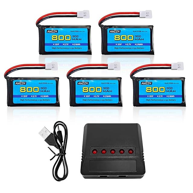 AMZZN 5 Unidades 3,7V 800mAh 30C Molex Plug Lipo batería con Cargador 5 en 1 para dron teledirigido SYMA X5C…