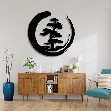 Bonsai Tree Metal Wall Art, Enso Circle Metal Wall Decor, Metal Tree Wall Art, Zen Wall Art, Yoga Studio Decor, Housewarming Gift, Metal Wall Art for Living Room Black, 19x19 inches / 47x47 cm