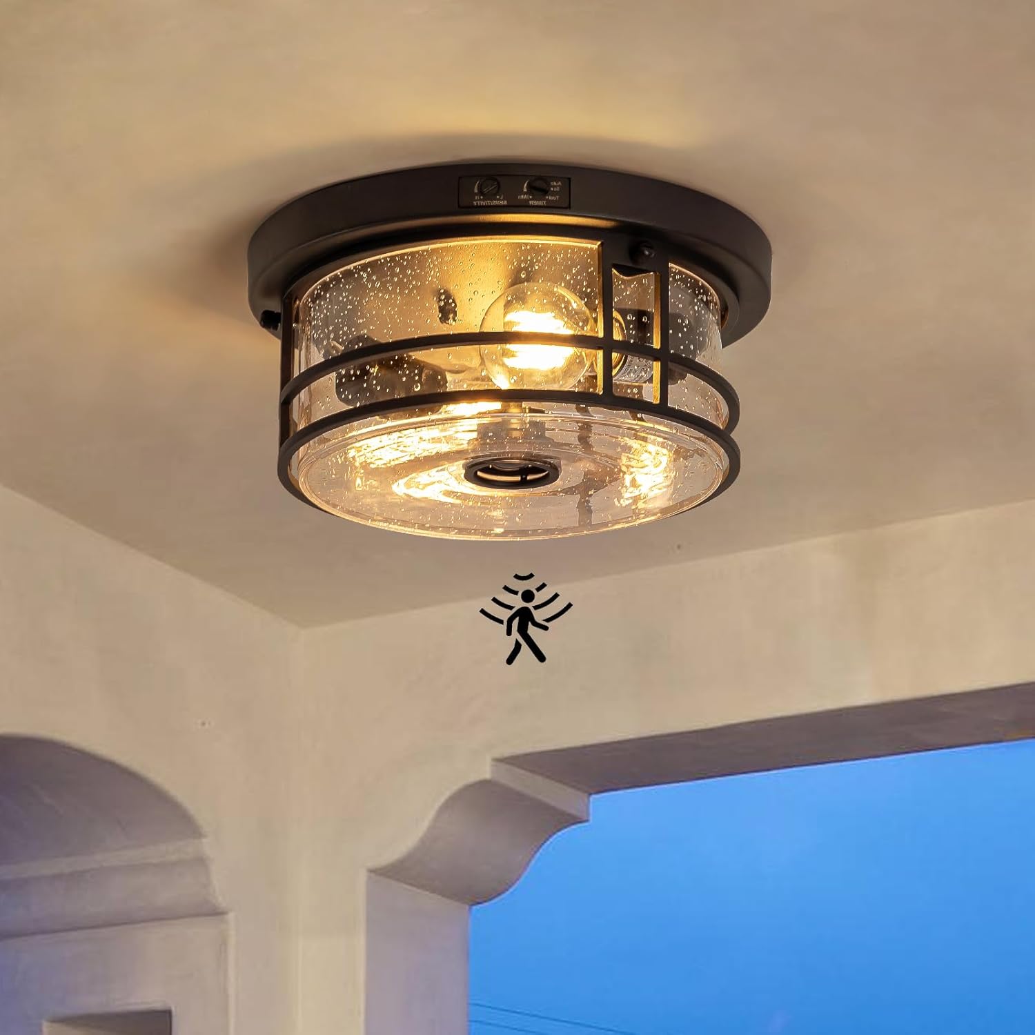 Outdoor Ceiling Light with Motion Sensor Flush Mount Round Porch Light, Industrial 2-Light Dusk to Dawn Ceiling Light Fixture with Clear Glass for Entryway Garage Front and Back Yards, Black