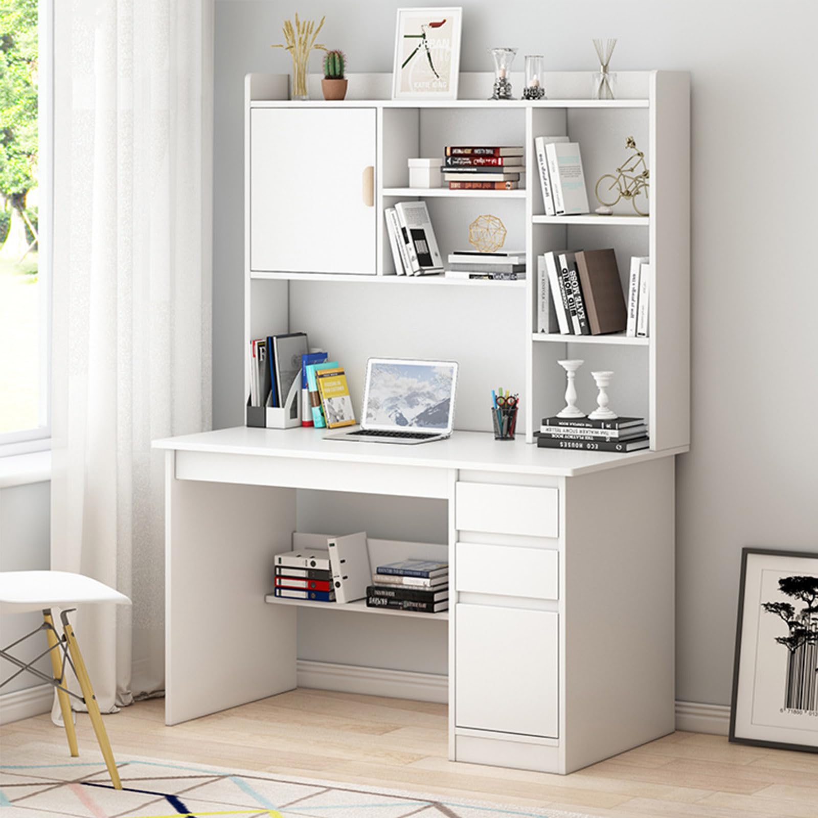 MESCXTY Wooden Computer Desk with Bookshelf and Hutch, Large Home Office Writing Drawer Storage Shelf, Modern Laptop PC Desk,Space-Saving Workstation for Living Room Bedroom