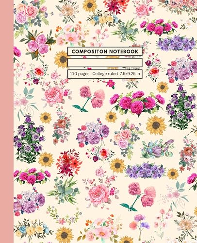 Composition Notebook College Ruled: 110 pages | 7.5x9.25 inches | Composition Notebook with Pink Floral Botanical Illustration