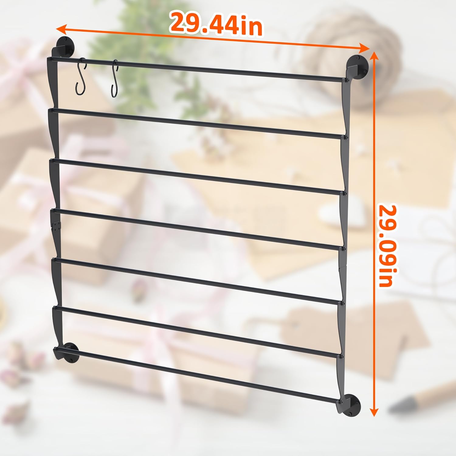 Ribbon Organizer, Wall Mounted Ribbon Holder Storage Rack with Activity Hooks, 7 Tier Metal Wrapping Paper Storage for Craft Room, Flower Shop, Cake Shop, Gift Wrapping Paper, Mesh Ribbon, Washi Tape